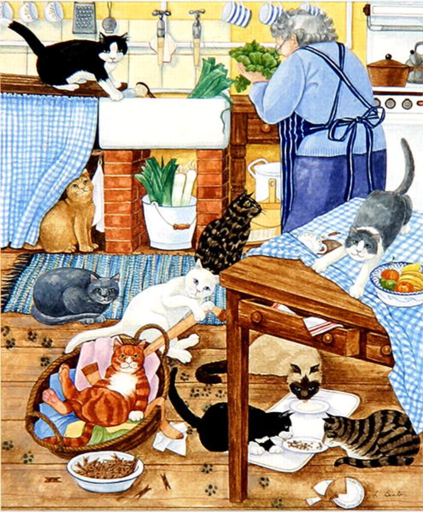 Detail of Grandma and 10 cats in the kitchen by Linda Benton