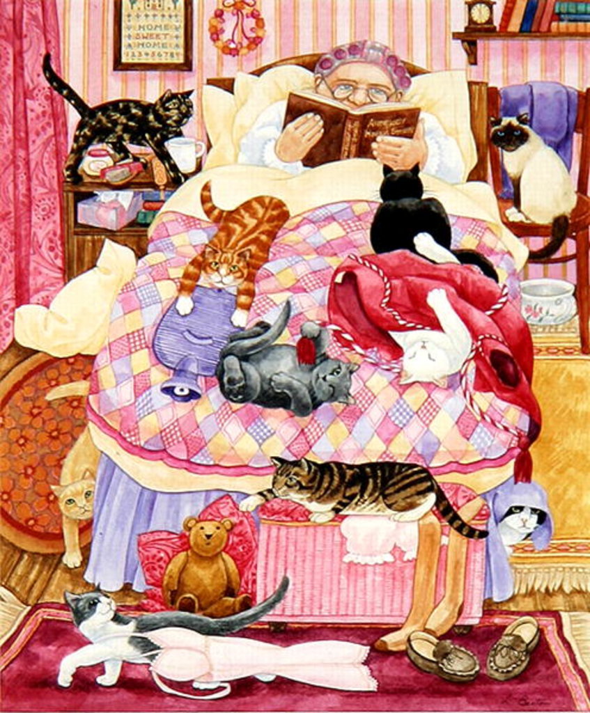 Detail of Grandma and 10 cats in the bedroom by Linda Benton