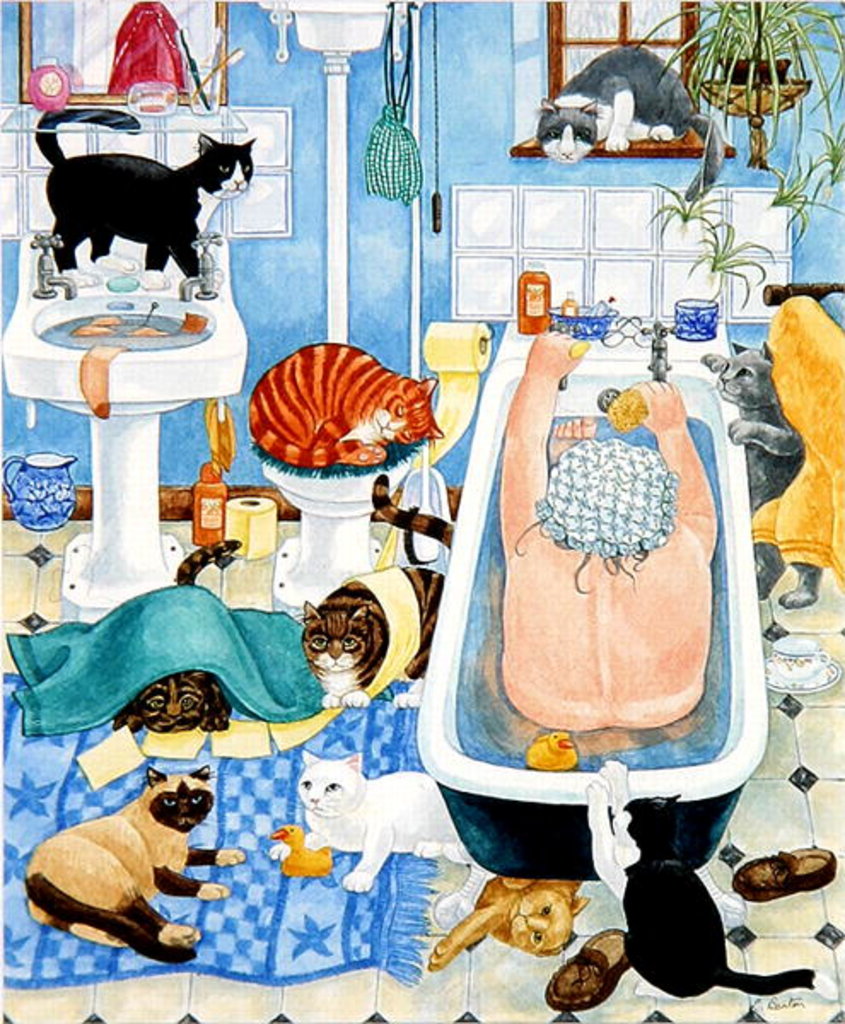 Detail of Grandma and 10 cats in the bathroom by Linda Benton