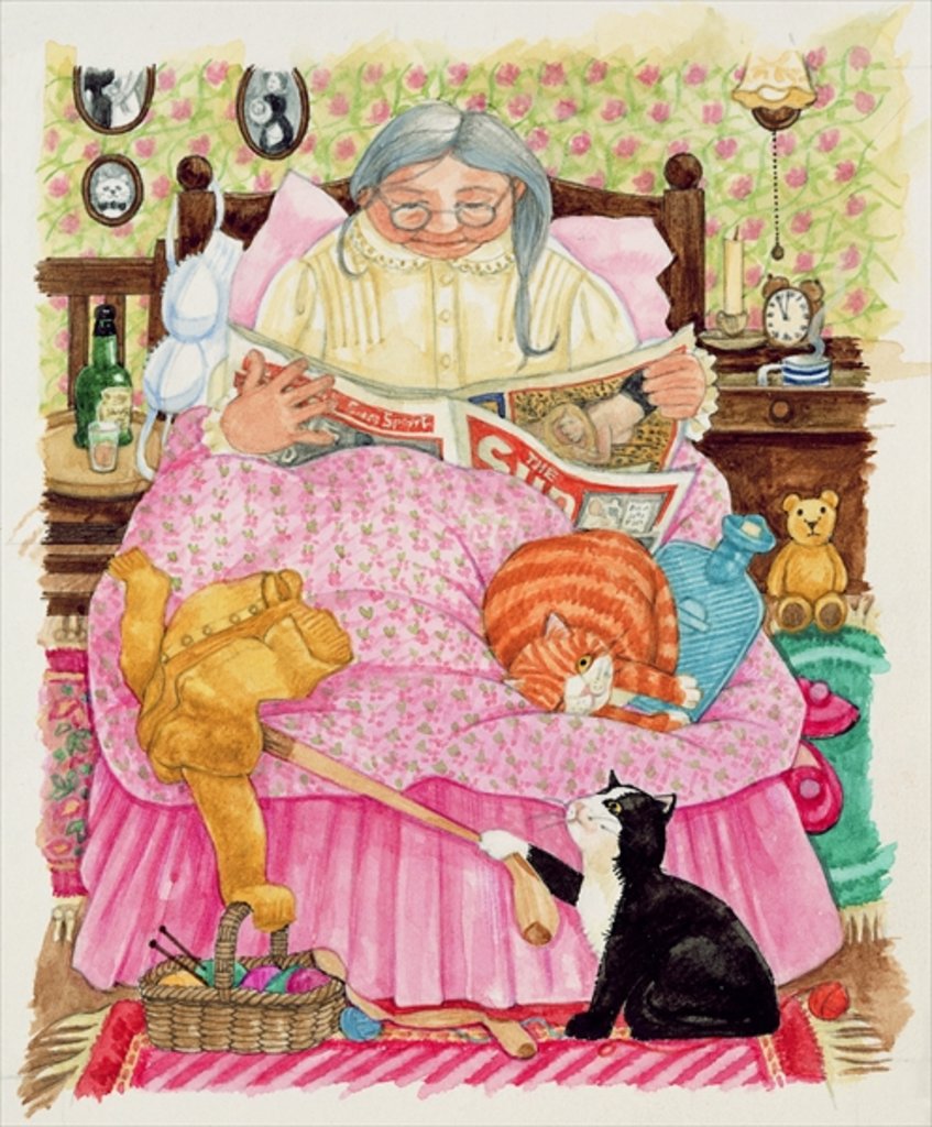 Detail of Grandma and 2 cats and a pink bed by Linda Benton