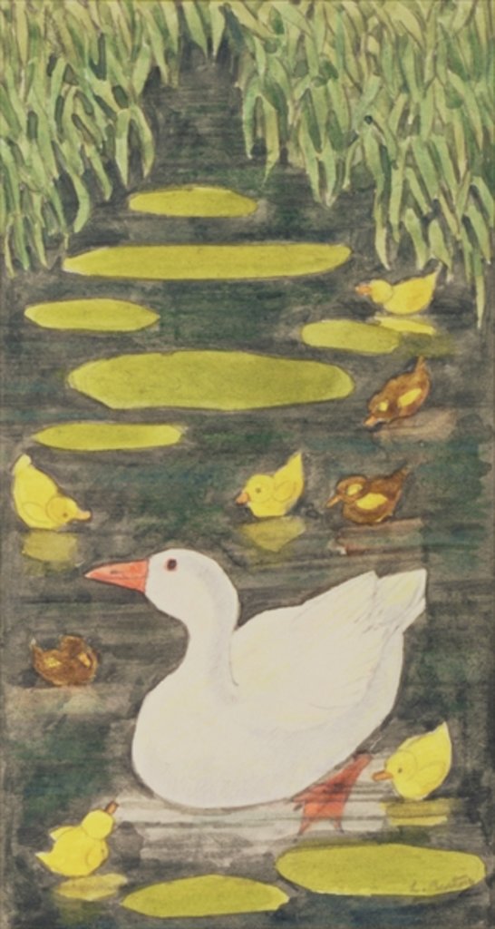 Detail of Mother Duck in the pond with her ducklings by Linda Benton