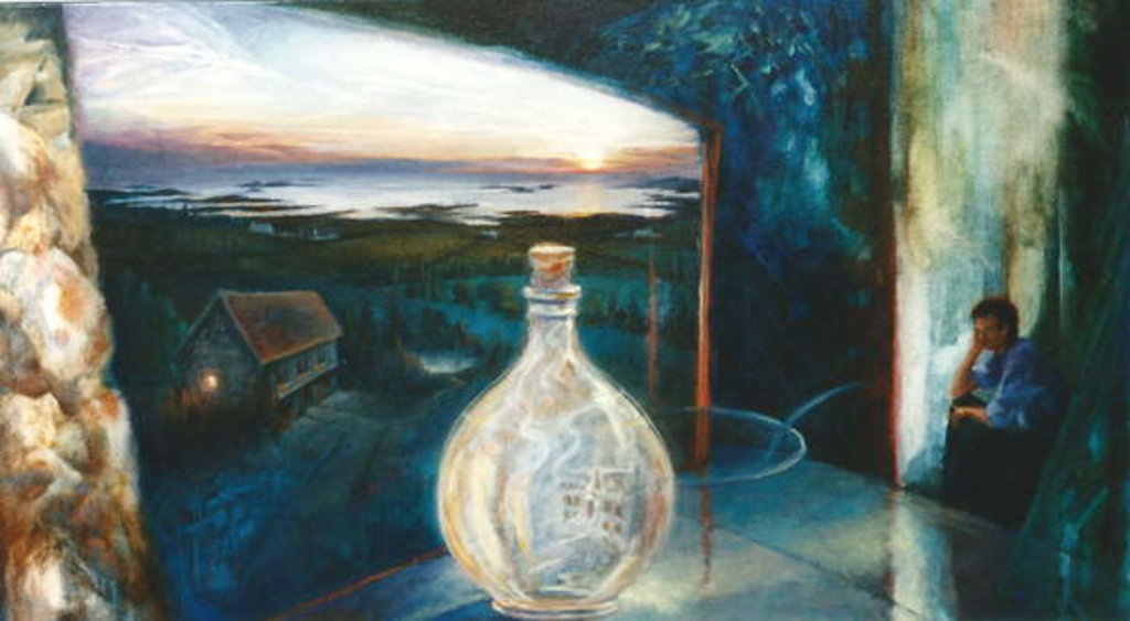 Detail of Guernsey Dream I, 1999 Fantasy landscape with bottle by Lee Campbell