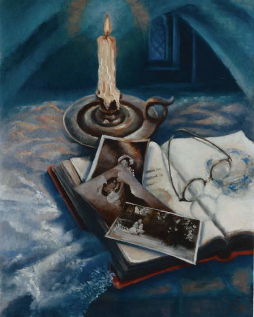 Detail of Nostalgia, 1999 Still life with candle,books photos by Lee Campbell