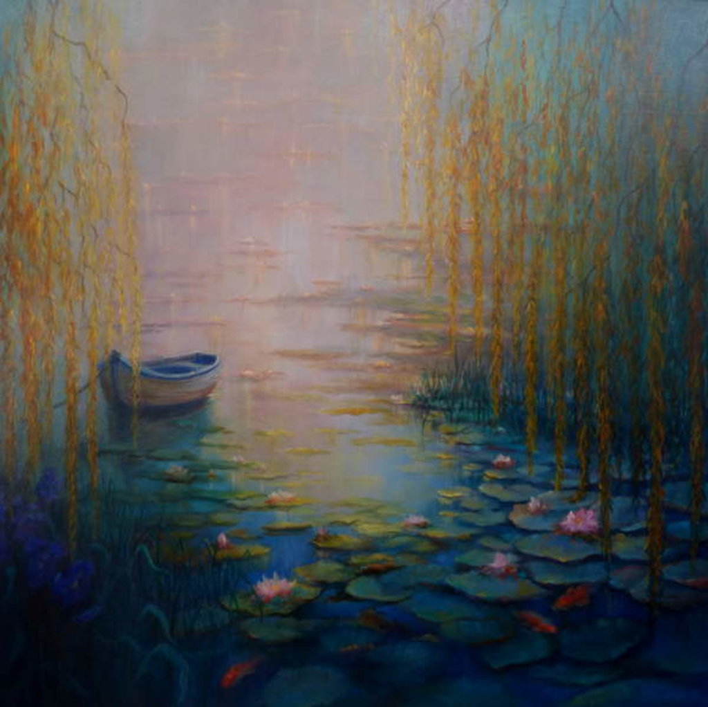 Detail of Sanctuary, 2018willows, lake and water lilies, boat, by Lee Campbell