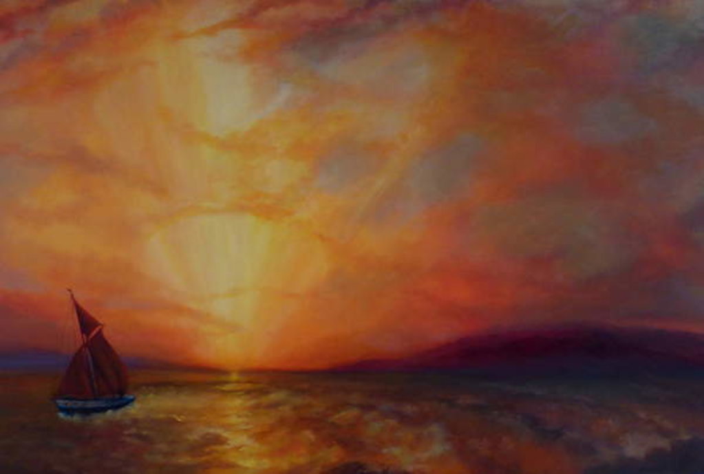 Detail of Estuary Gold, 2018Seascape with sailboat. by Lee Campbell