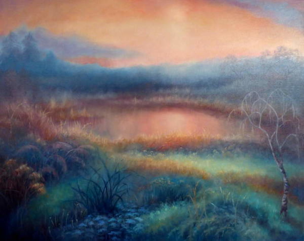Detail of Autumn Mist, 2018 Landscape with pond. by Lee Campbell