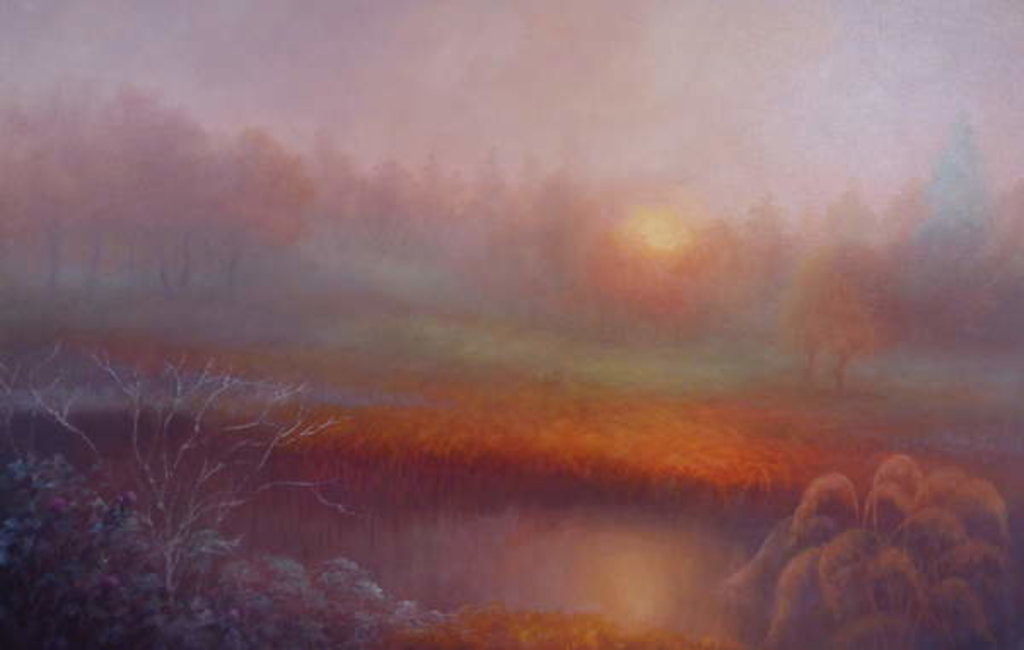 Detail of October Mist, 2018 Misty landscape and river by Lee Campbell