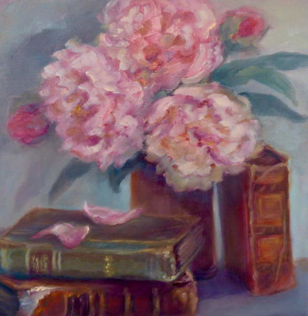 Detail of Peonies Pink, 2019 Still life, flowers and books. by Lee Campbell