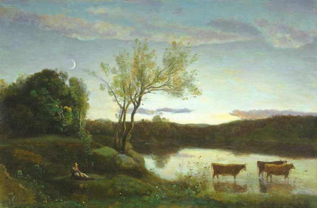 Detail of A Pond with three Cows and a Crescent Moon, c.1850 by Jean Baptiste Camille Corot