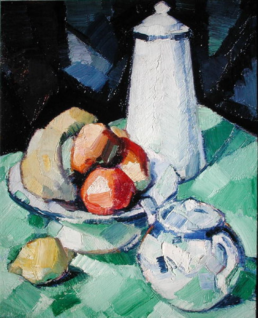 Detail of Still Life with Teapot and Fruit on a green Tablecloth, c.1913 by Samuel John Peploe