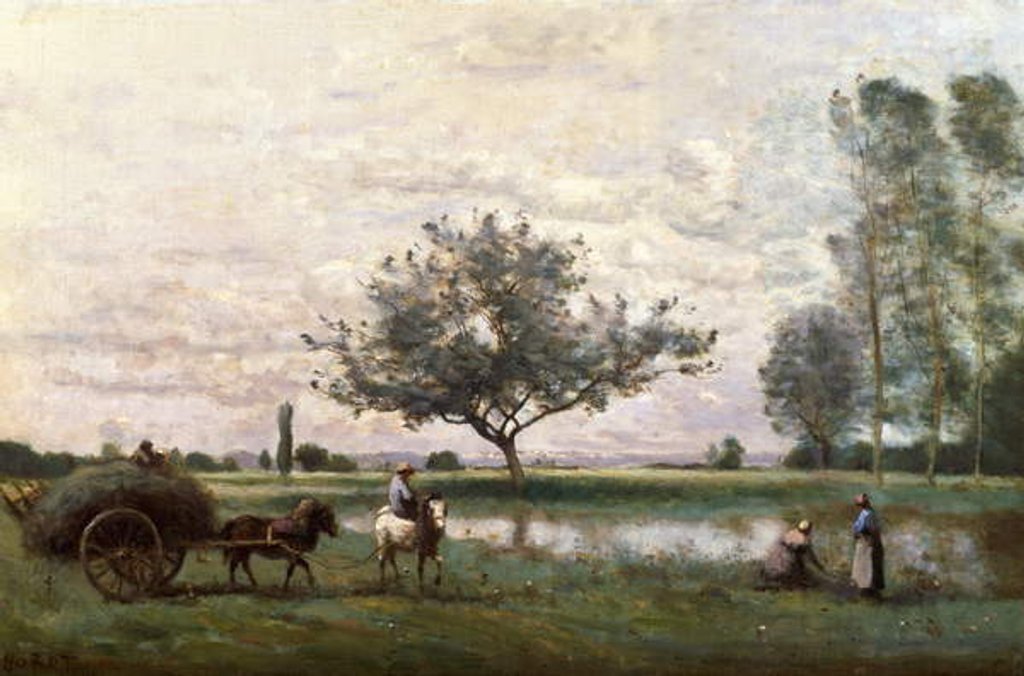 Detail of Haycart beside a River by Jean Baptiste Camille Corot