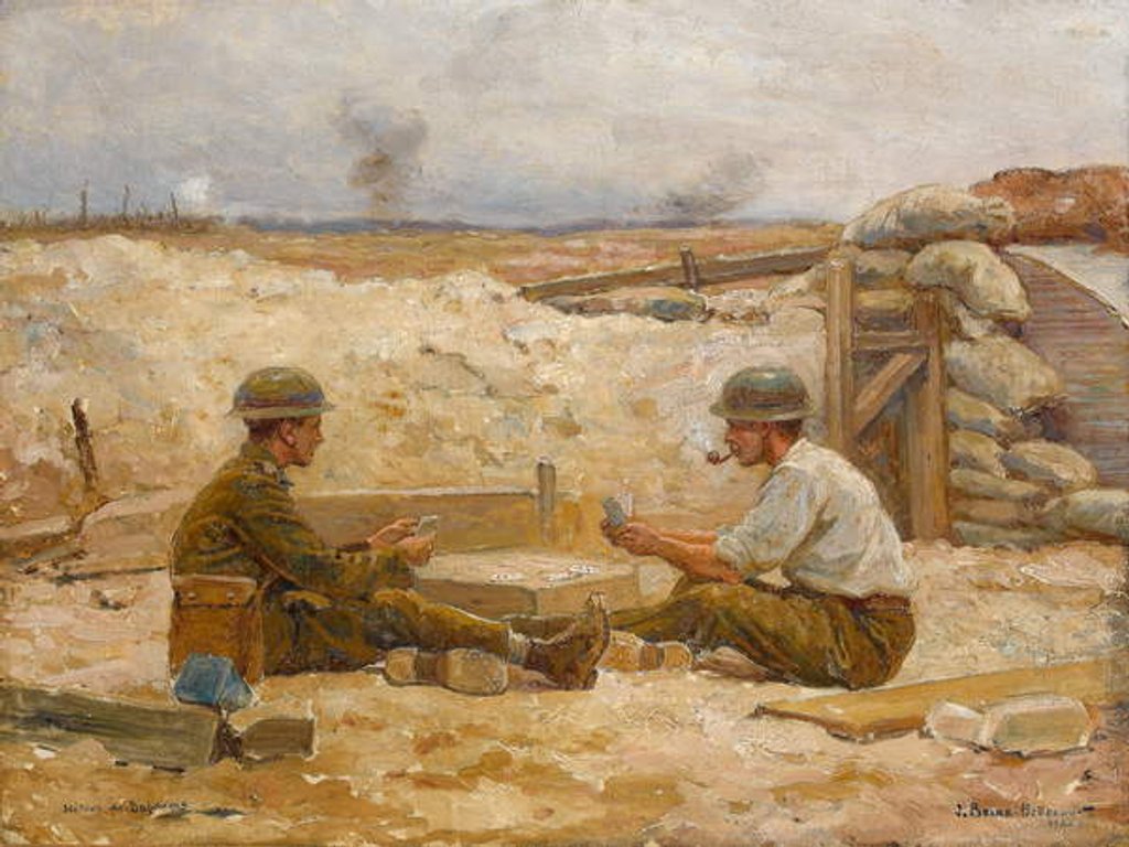 Detail of Two British officers playing cards outside their dugout, Secteur de Bapaume, 1918-20 by Jean Jacques Berne-Bellecour