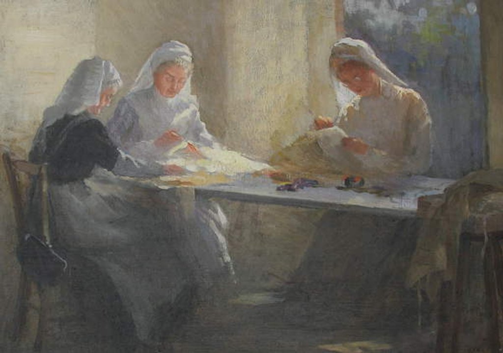 Detail of Kensington War Hospital Supply Depot, Three nurses sitting at a table sewing, c.1916 by Catherine Ouless