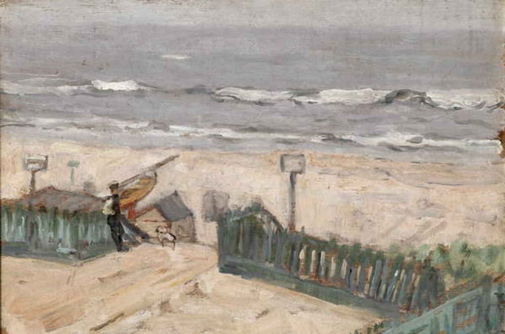 Detail of Bathing huts with fisherman and dog, c.1900 by Arthur Haythorne Studd