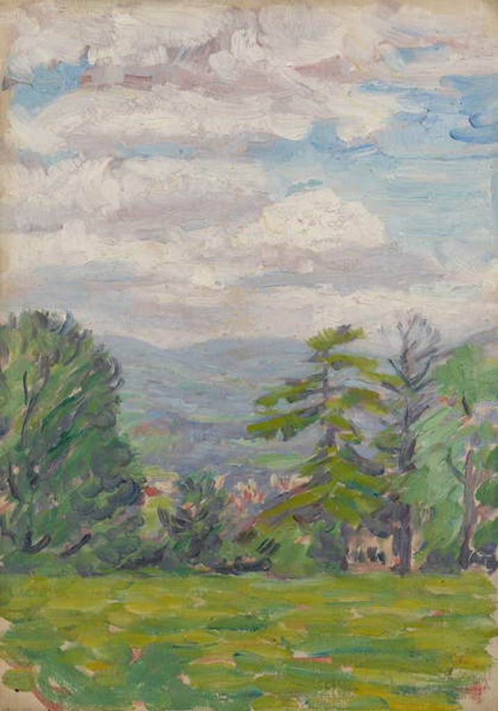 Detail of View through meadow and tree with valley beyond by Arthur Haythorne Studd