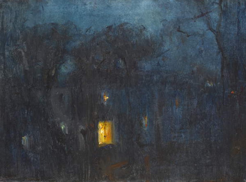 Detail of House at night with a single window lit by Albert de Belleroche