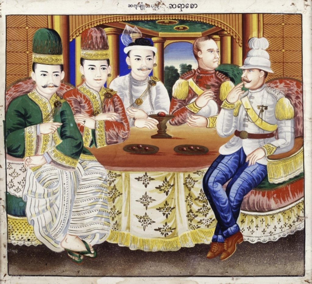 Detail of King Thibaw with dignitaries and a British officer by Hsaya Chone and Hsaya Saw