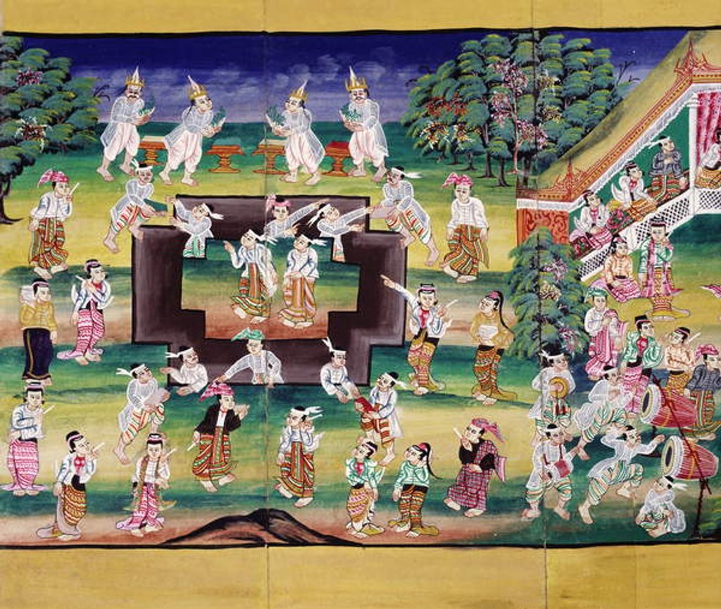 Detail of Merit making scene, page from a manuscript by Burmese School