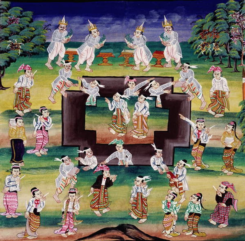 Detail of Merit making scene, page from a manuscript by Burmese School