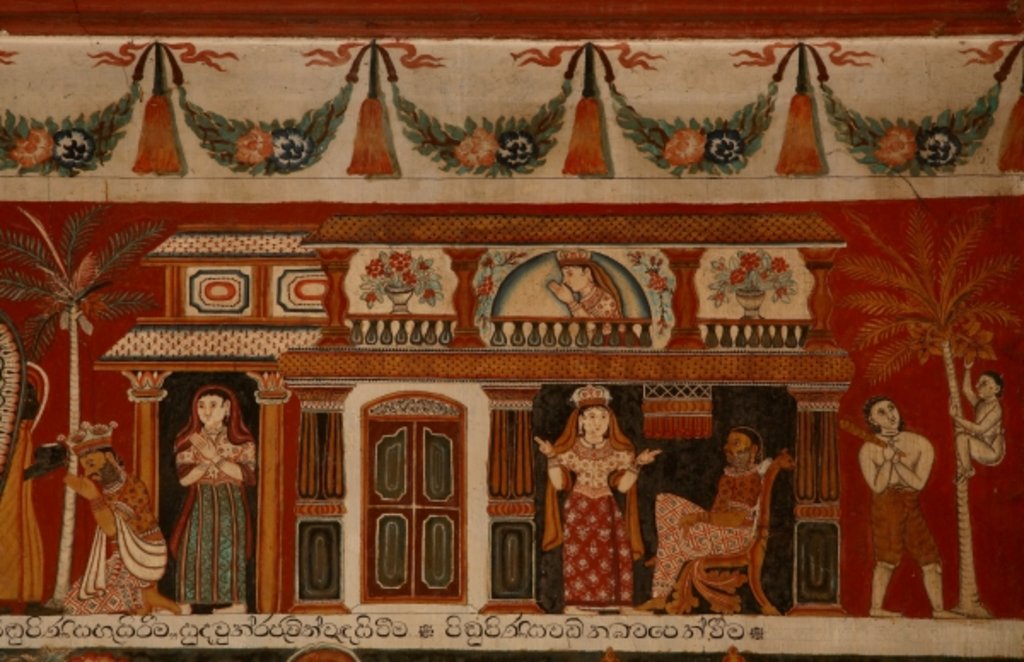 Detail of Wall painting depicting a singhalese house in the Subdharama Temple, Dehiwala by Sri Lankan School
