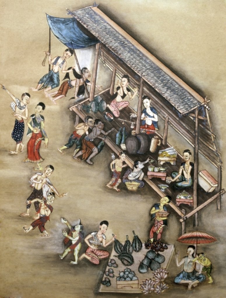 Detail of Folk painting depicting a market scene by School Thai