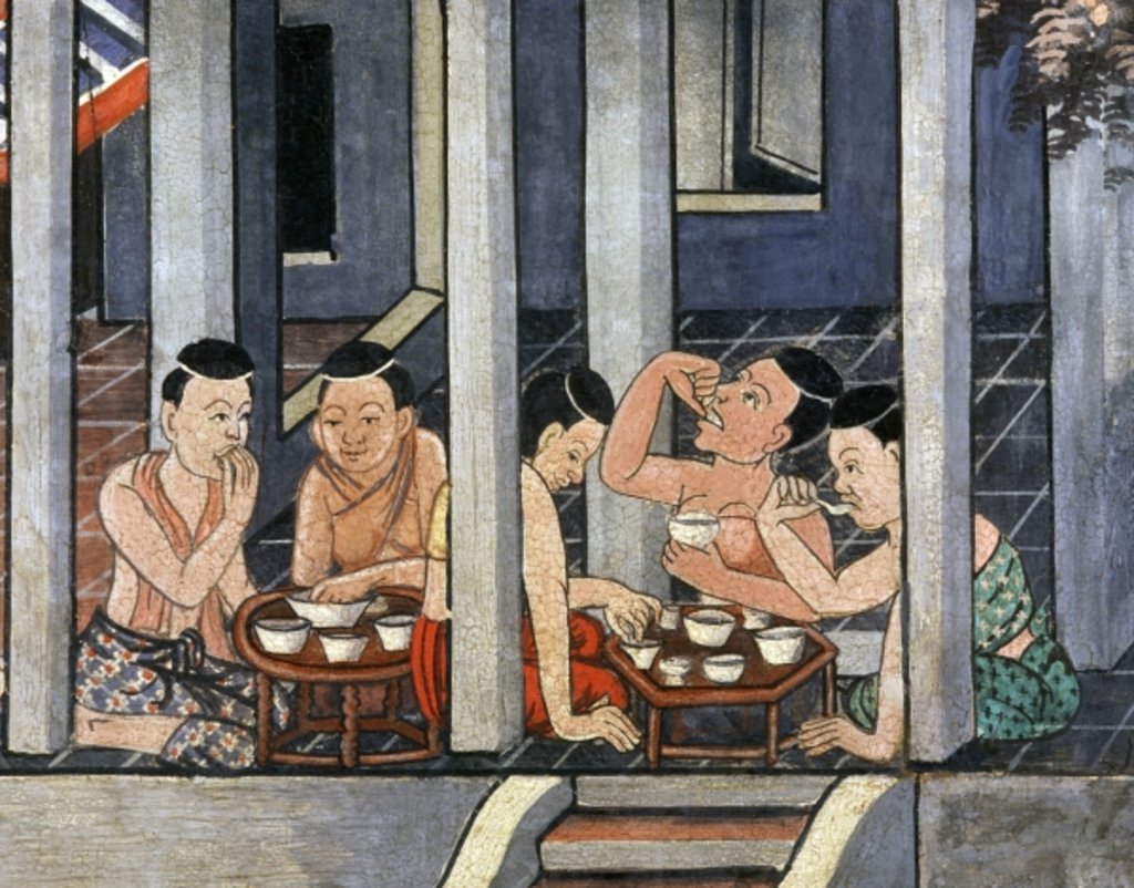 Detail of People eating at low round tables called Kantoke, mid 19th century by Thai School