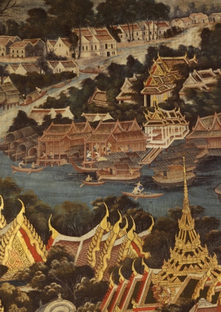 Detail of View of Bangkok Royal Palace, the Chao Phraya River and Tonburi, showing wooden Thai houses and brick and stucco Chinese dwellings, 1864 by Thai School