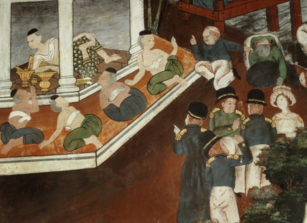 Detail of Palace lady receiving Muslim merchants and western sailors, Rattanakosin school by Thai School
