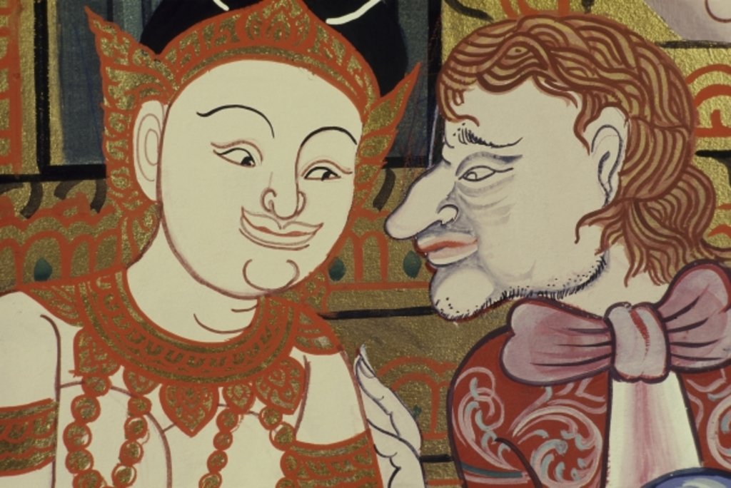 Detail of Contemporary painting in the classical style showing Thai and western people by School Thai