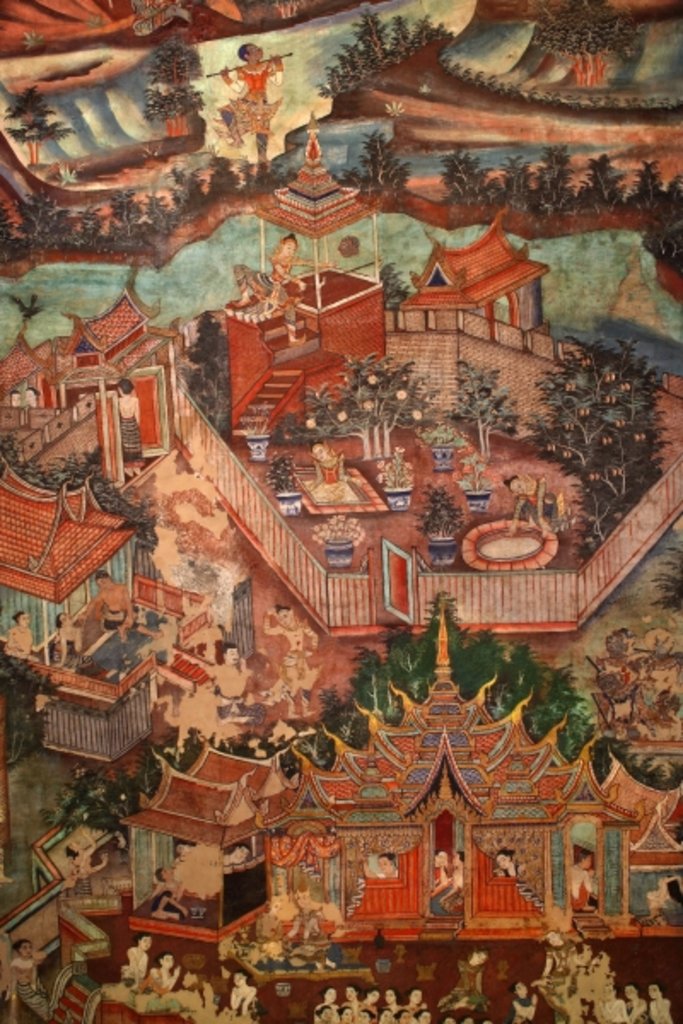 Detail of Detail of the murals of Viharn laikam portraying the Sang Thong Tales by Thai School