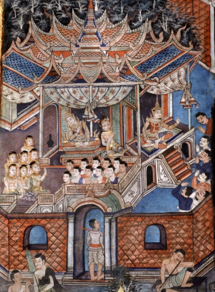Detail of Detail of the murals of Viharn laikam portraying the Sang Thong Tales by Thai School