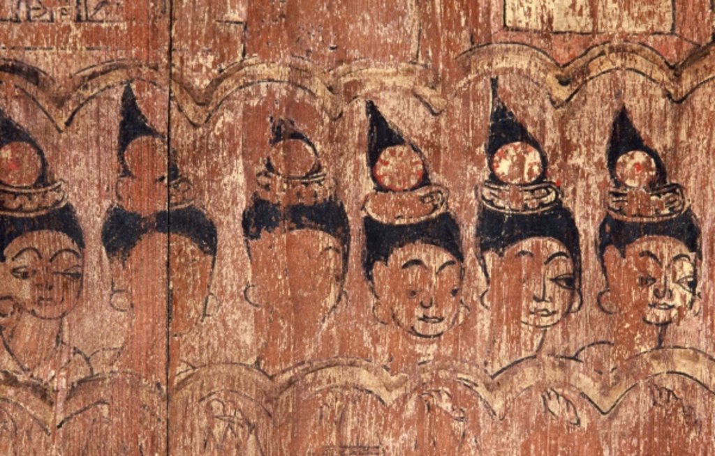 Detail of A series of walking damsels painted on the eaves of the roof of Viharn Nam Tam by Thai School