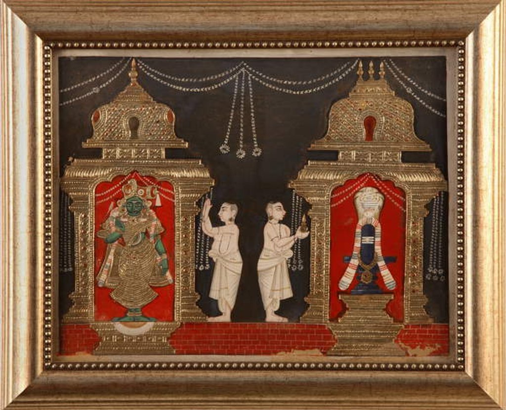 Detail of Worshipping Visnhu and Shiva in the form of Shivalingam, Tanjavore School, late 19th century by Indian School