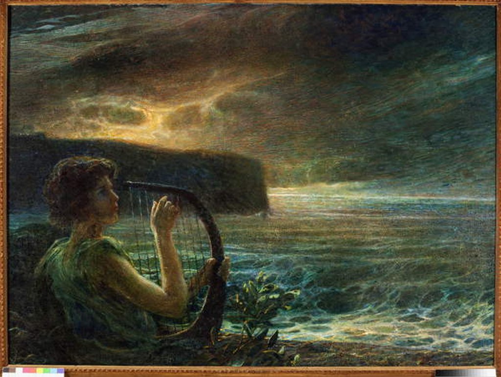 Detail of Full moon, Tribute to a feminine deity, playing lyre in a seascape with stormy sky by Plinio Nomellini