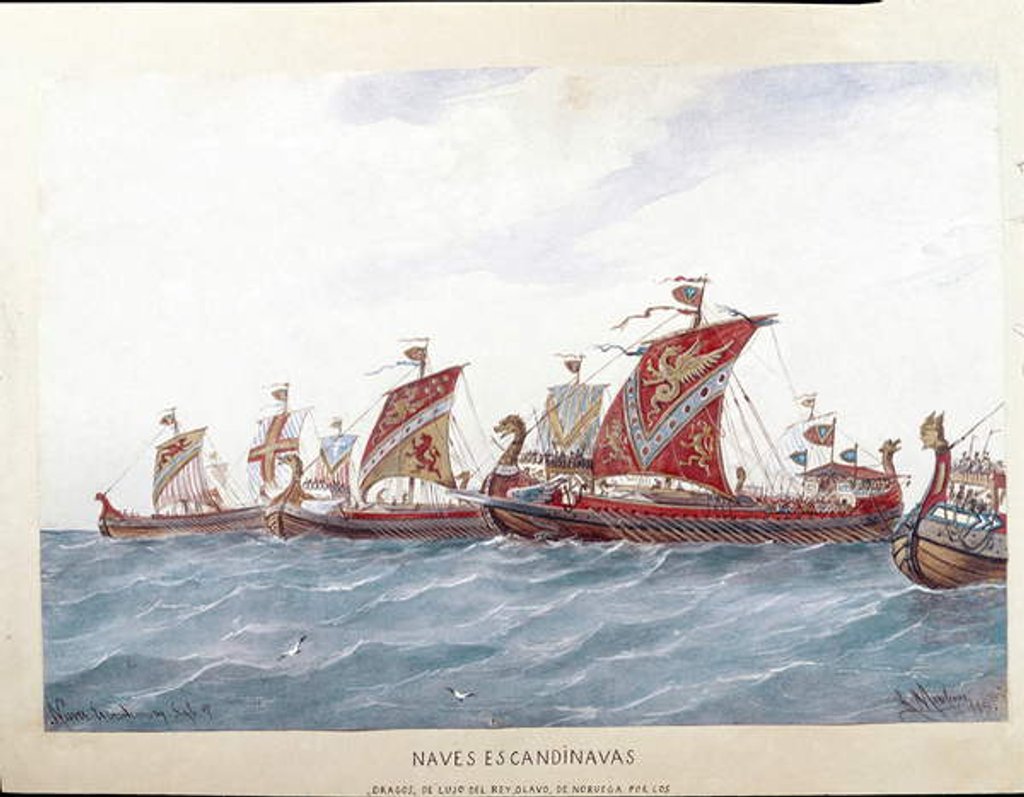 Detail of Representation of the fleet of King Olaf I of Norway, 1885 by Rafael Monleon y Torres