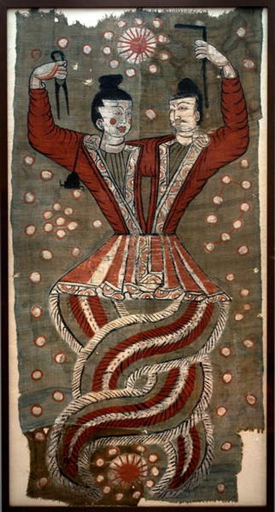 Detail of Chinese mythological figures Fuxi and Nuwa, 7th century AD by School Chinese