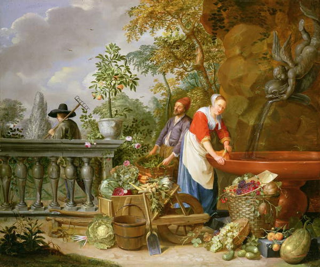 Detail of A Maid Washing Carrots at a Fountain with Two Gardeners at Work by Nicolaas or Nicolaes Muys