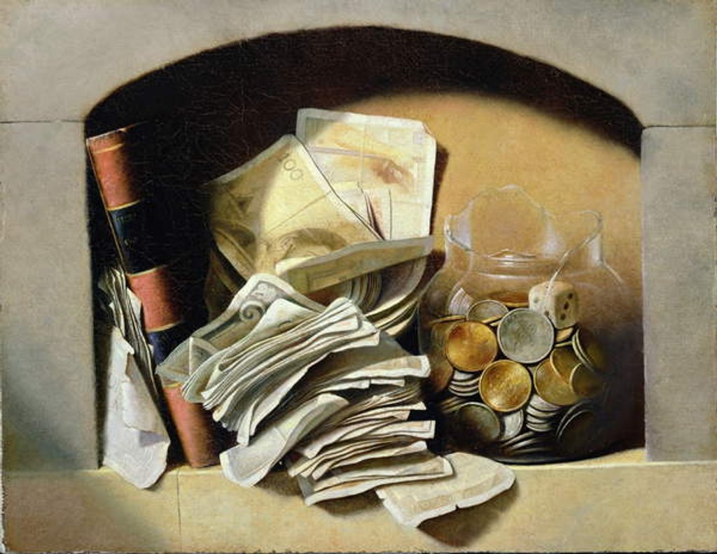 Detail of A trompe l'oeil of paper money, coins and a broken glass jar in a niche by French School