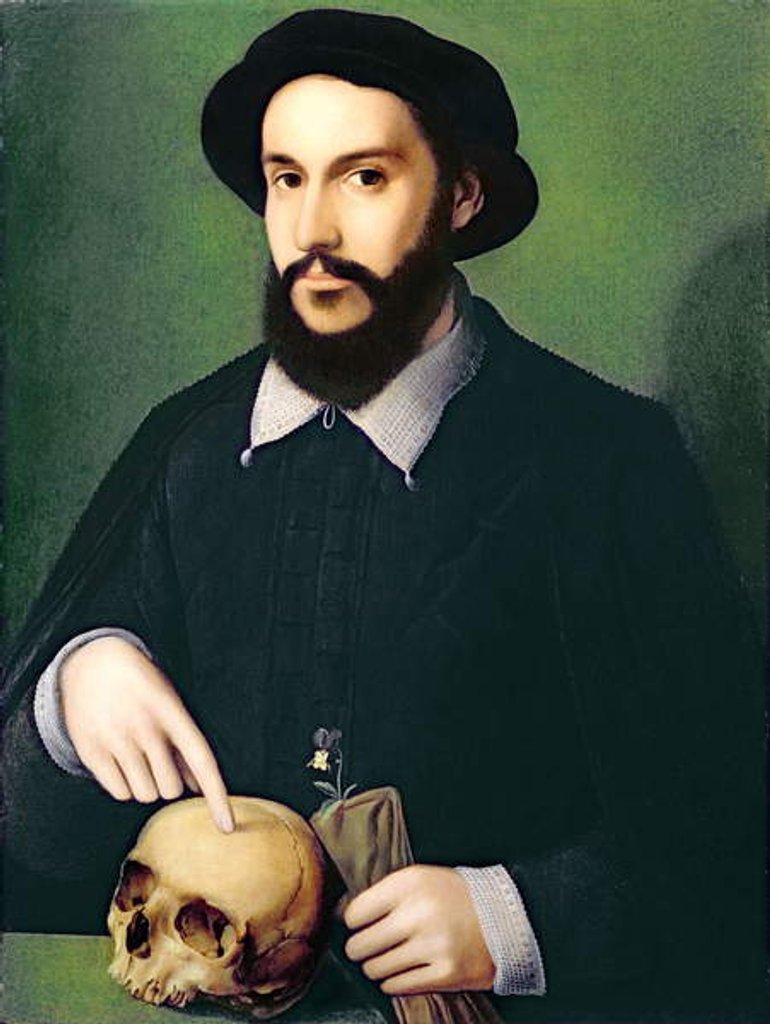 Detail of Portrait of a Gentleman with his Right Hand Pointing to a Skull, c.1540 by Master of the 1540s