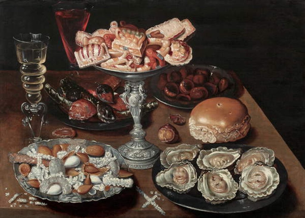 Detail of Almonds, Oysters, Sweets, Chestnuts, and Wine on a Wooden Table, c.1605-30 by Osias the Elder (follower of) Beert