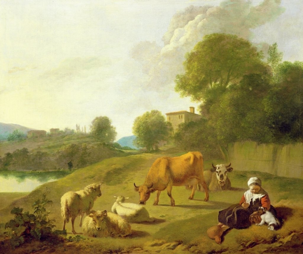 Detail of A River Landscape with Cattle, Sheep and a Young Girl Playing with a Dog by Simon van der Does
