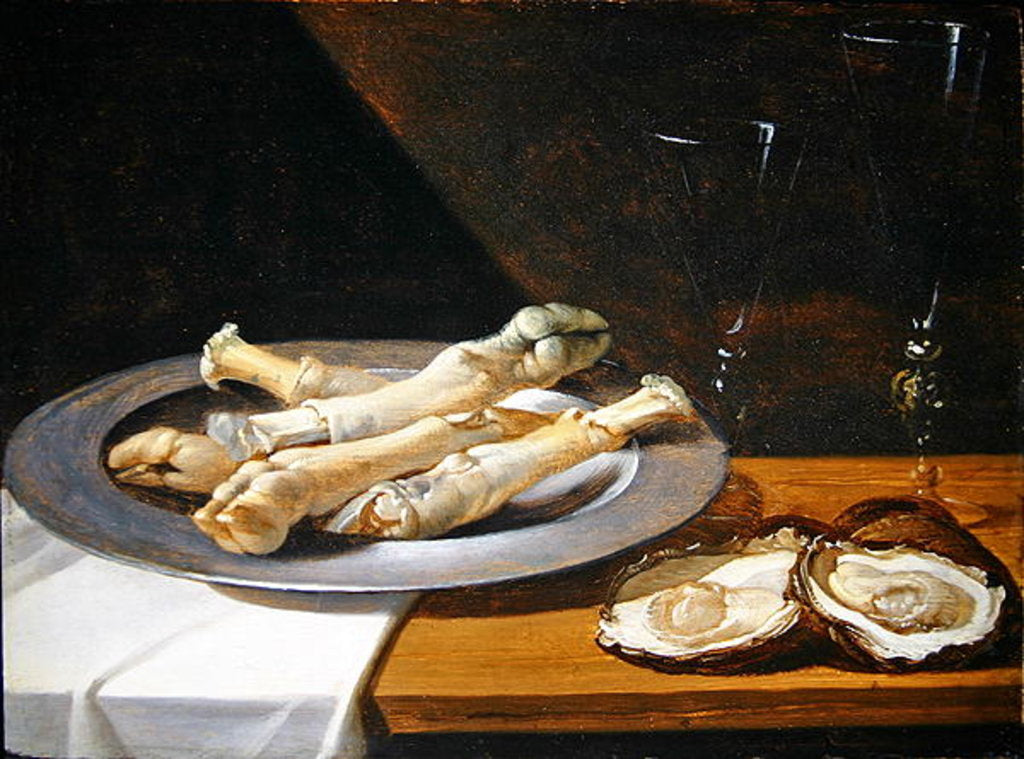 Detail of Pigs Knuckles on a Pewter Plate with Oysters and Wine Glasses on a Draped Table, c.1630 by Flemish School