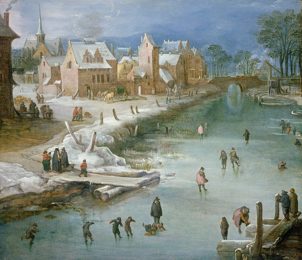 Detail of Skaters on a Frozen River Alongside a Town by Joos or Josse de The Younger Momper