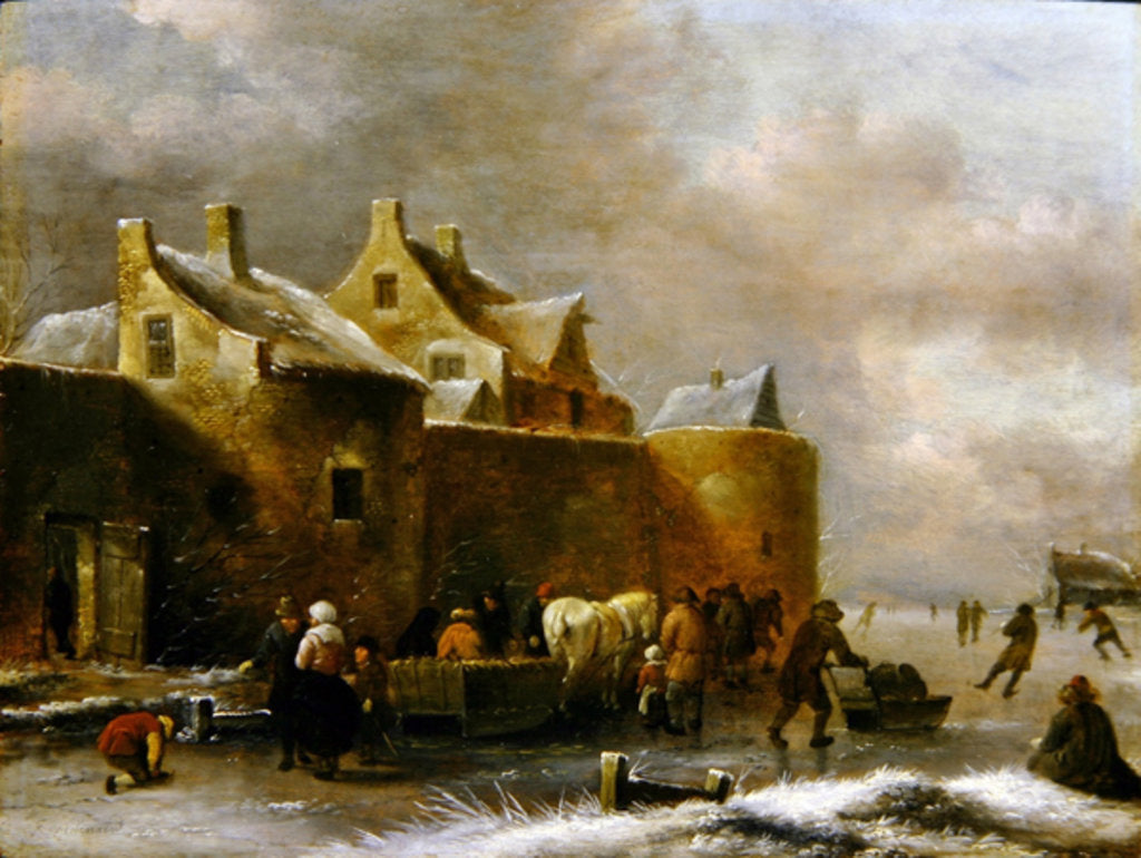 Detail of A Winter Landscape with Numerous Figures on a Frozen River Outside the Town Walls by Claes Molenaer