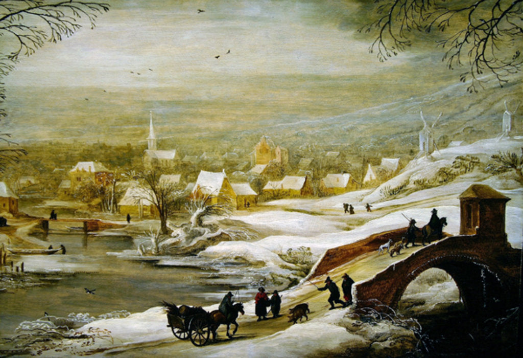 Detail of A Winter River Landscape with Travellers on a Bridge and a Town in the Distance, late 1720s by Joos or Josse de The Younger Momper