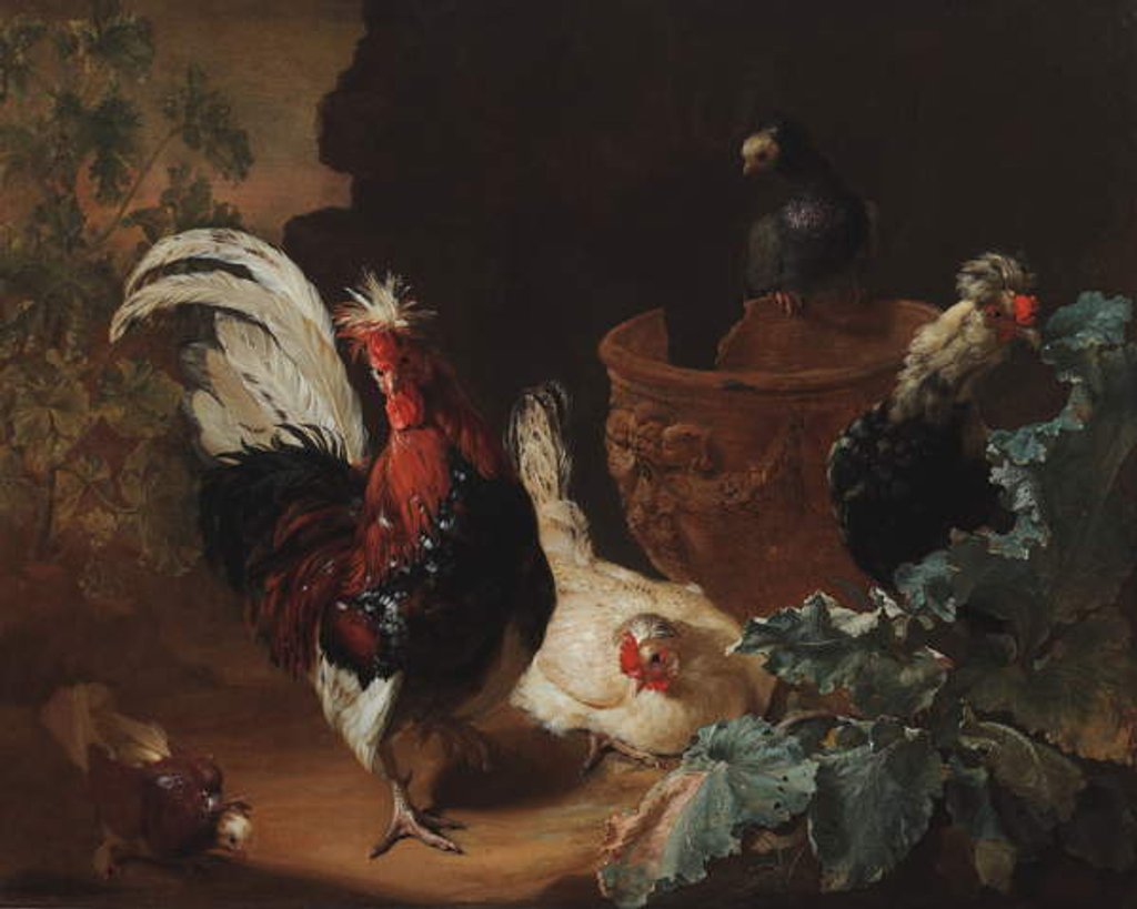 Detail of A rooster, two chickens and two pigeons by an antique chipped terra cotta vase in a landscape, 1695 by Abraham Bisschop