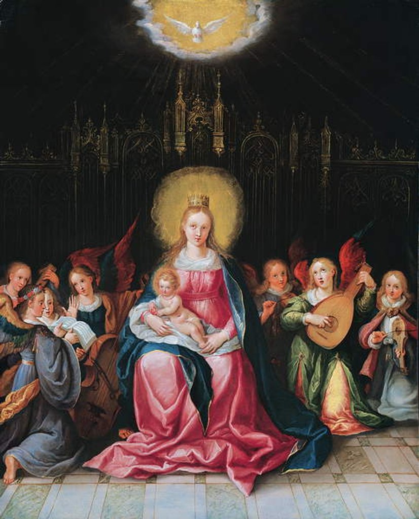 Detail of The Virgin and Child surrounded by seven music-making angels by Cornelis de I Baellieur