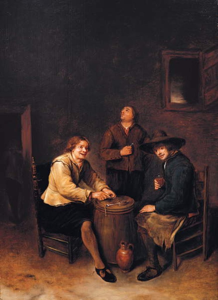 Detail of A tavern interior with three peasants merrymaking by Phillips de Koninck