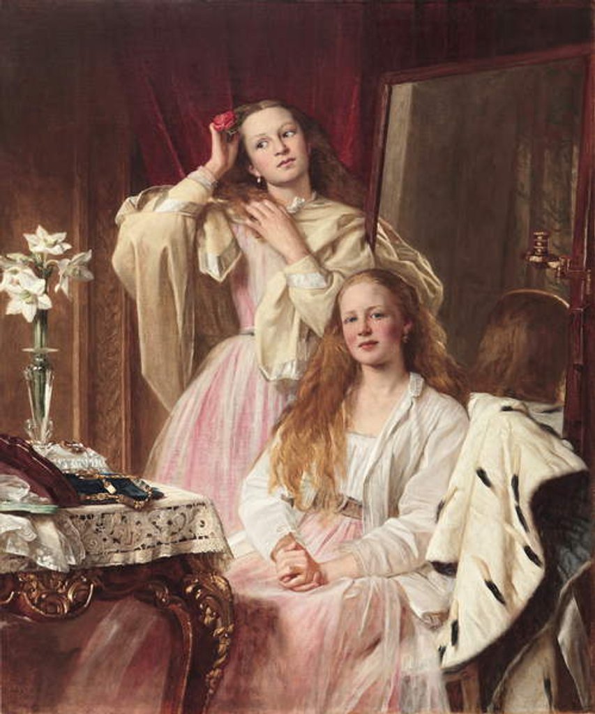 Detail of Portrait of Emma and Frederica Bankes of Soughton Hall at their dressing table, 1869 by Henry Tanworth Wells