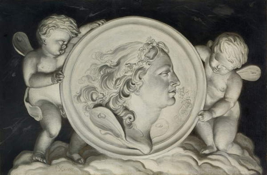 Detail of Zephyr in a painted roundel supported by putti floating on clouds by Jacob Xavery